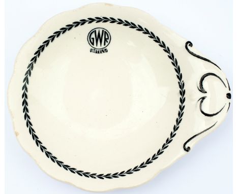 GWR HOTELS black leaf pattern china Oyster Dish, base marked VITRESOL J & G MEAKIN ENGLAND. Measures 5.5in wide and in good c