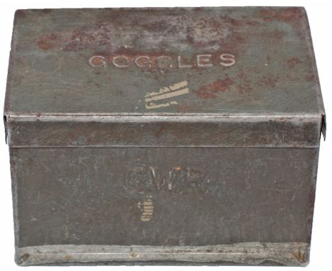 GWR tinplate locomotive drivers Goggles box, embossed GOGGLES to top and stamped GWR to front. Measuring 4in x 2.5in x 2.5in,