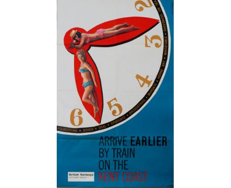 Poster BR ARRIVE EARLIER BY TRAIN ON THE KENT COAST by Broomfield. Double Royal 25in x 40in, published by the British Railway