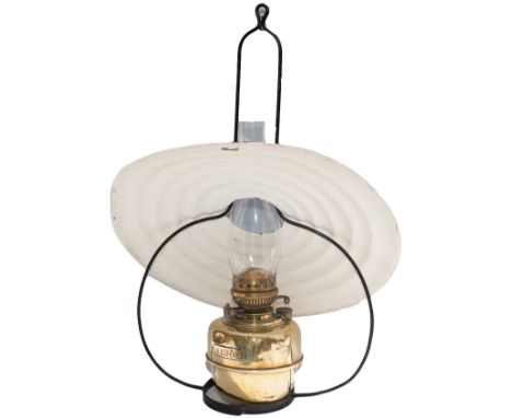 GNR brass signal box hanging lamp brass plated LNER SLEAFORD. Complete with original glass chimney hanging hoop and shade, in