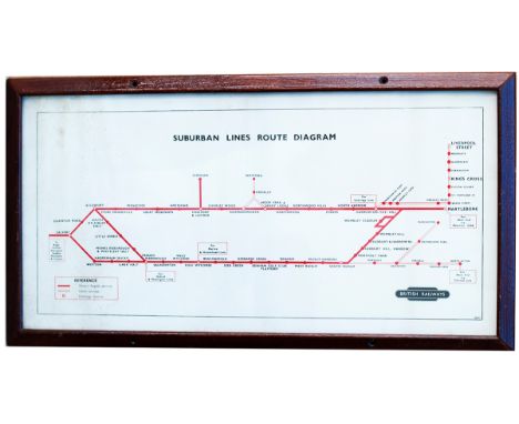 Carriage print SUBURBAN LINES ROUTE DIAGRAM LIVERPOOL ST, KINGS CROSS, MARYLEBONE TO CALVERT. Shows the line diagrams dated 1