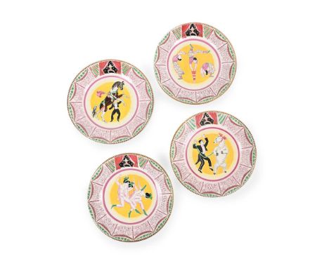 DAME LAURA KNIGHT (BRITISH, 1877-1970)  SET OF FOUR CLARICE CLIFF 'CIRCUS' DINNER PLATES; DESIGNED 1934 Polychrome ceramic; t