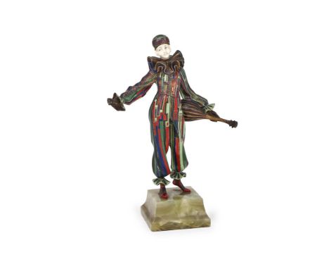 Y&nbspIN THE MANNER OF JOSEF LORENZL 'MANDOLIN PLAYER' ART DECO FIGURE; CIRCA 1930 Polychrome cold-painted bronze (in a geome