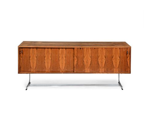 Y MERROW ASSOCIATES (BRITISH) SIDEBOARD; CIRCA 1970 Rosewood and chromed steel; two sliding doors.  75.5cm high, 183.5cm wide