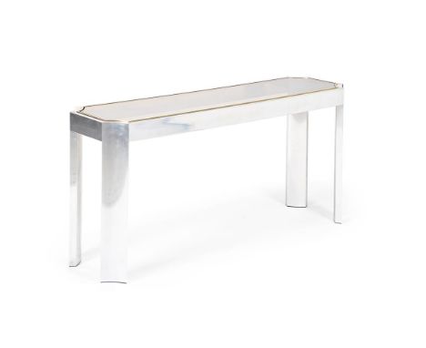 IN THE MANNER OF WILLY RIZZO A SLIM CONSOLE TABLE; LATE 20TH CENTURY  Polished steel, inset tinted glass top. 63.5cm high, 13