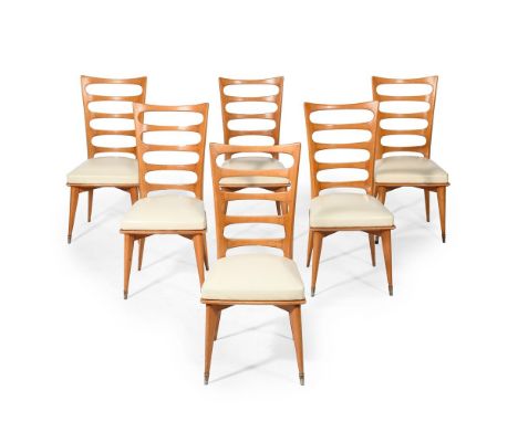 ITALIAN SET OF SIX LADDER-BACK CHAIRS; SECOND HALF 20TH CENTURY Cream leather seats, pale hardwood, metal (capped front feet)