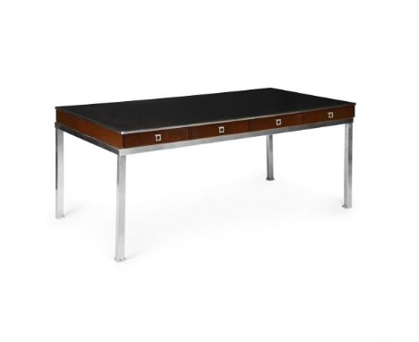 GUY LEFEVRE FOR MAISON JANSEN (FRENCH) LARGE 'MODEL NO. 160' DESK; CIRCA 1970 Dark brown leather, nickel-plated steel; the fo