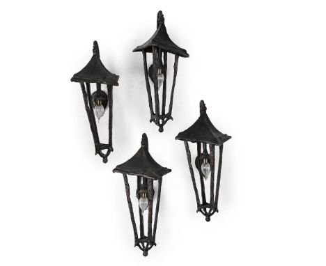IN THE STYLE OF GIACOMETTI FOUR 'GROTTO' WALL LIGHTS; EARLY 21ST CENTURY Patinated bronze, textured and organic lantern forms