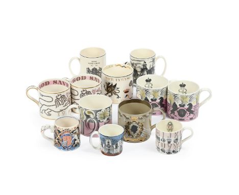 ERIC RAVILIOUS (BRITISH, 1903-1942) THREE '1953' CORONATION COMMEMORATIVE MUGS AND A 'NURSERY ALPHABET' MUG; 20TH CENTURY Pol