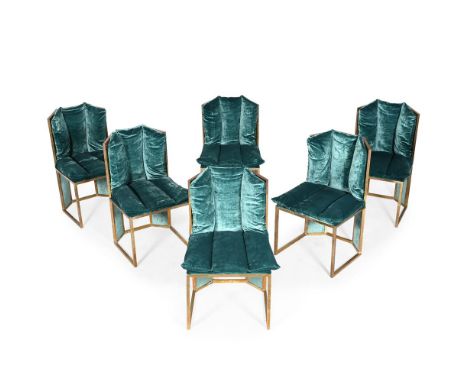 MARIO SABOT SIX 'TOPAZIO' CHAIRS; CIRCA 1975 Brass frames, rattan panels and turquoise blue velvet upholstery. Each; 89.5cm h