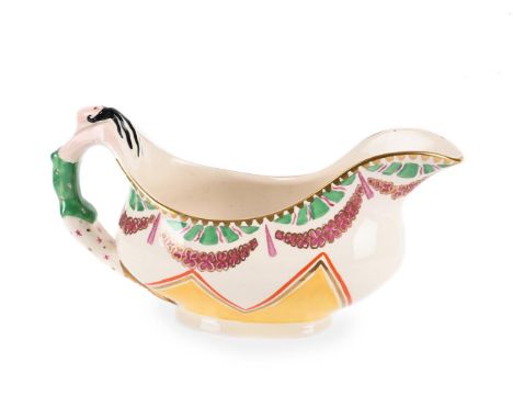 DAME LAURA KNIGHT (BRITISH, 1877-1970)  CLARICE CLIFF 'CIRCUS' SAUCE BOAT; DESIGNED 1934 Polychrome ceramic with gilt highlig