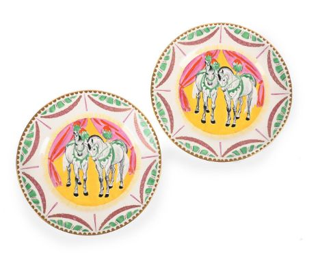 DAME LAURA KNIGHT (BRITISH, 1877-1970)  PAIR OF CLARICE CLIFF 'CIRCUS' SIDE PLATES; DESIGNED 1934 Polychrome ceramic; both de