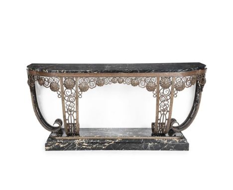 EDGAR BRANDT (FRENCH, 1880-1960) A LARGE CONSOLE; CIRCA 1930 Wrought iron and black Portoro marble Stamped 'E.BRANDT / PARIS'
