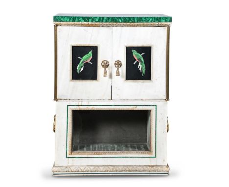 CONTINENTAL  ORNATELY DECORATED CABINET WITH 'BIRDS': CIRCA 1970 Marble, malachite, gilt-bronze; the white marble body with b