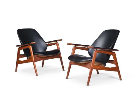 ARNE HOVMAND-OLSEN (DANISH, 1919-1989) PAIR OF LOUNGE CHAIRS; CIRCA 1960 Teak, black leather, brass Stamped 'MADE IN DENMARK/