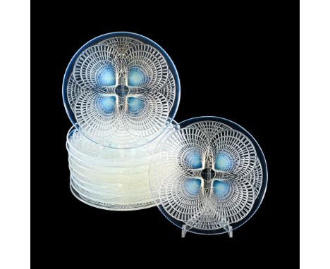 RENÉ LALIQUE (FRENCH, 1860-1945) TEN 'COQUILLES' SIDE PLATES; DESIGNED 1924; PRE 1945 Opalescent glass All 16.5cm diameter Si