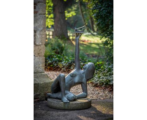 DONALD SIMPSON (1926-2023)  LARGE FIGURAL SCULPTURE WITH SUNDIAL; 1977 Bronze, sculpture of a nude female figure holding a su