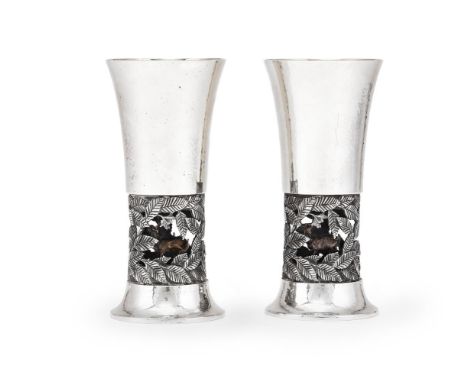 HECTOR MILLER (BRITISH, BORN 1945)  TWO 'EPPING FOREST' GOBLETS; MADE BY AURUM; 1978 Silver, silver-gilt interior, the gently