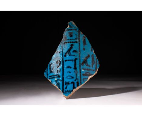 New Kingdom, Ca. 1550 - 1070 BC. A fragment from a funerary vase or sistrum handle, with three panels of hieroglyphic text In