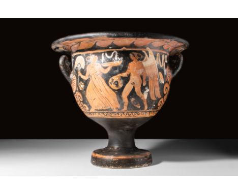 Ca. 330 BC.A pottery bell krater featuring two lateral handles, a broad opening, and a circular foot. The black-glazed surfac