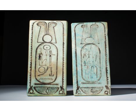 New Kingdom, 19th Dynasty, Ca. 1279 - 1212 BC.A pair of faience tiles, each of rectangular form and decorated in black with a