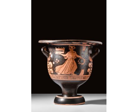 Ca. late 4th-3rd century BC.A finely modelled pottery krater with a large, inverted bell-shaped body with a broad rim. Two up