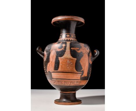 Ca. 2nd half of 4th century BC .A red-figure pottery hydria with a characteristic bulbous body with a short, splayed foot, a 