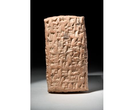 Ca. 1900 BC.A rectangular-shaped clay tablet, bearing cuneiform on both faces and the sides. Tablets like this were used for 