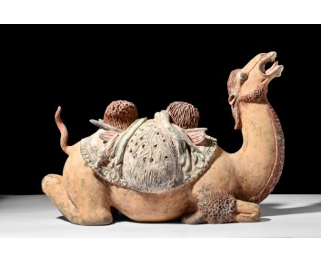 Tang Dynasty, Ca. AD 618-907.A large Tang Dynasty terracotta camel sculpted with meticulous attention to detail and exception