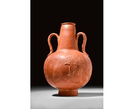 Ca. 4th century AD.A red slip pottery two-handled flask with a globular body sprigged with a gladiator and leopard to one sid