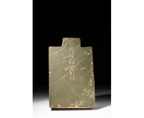 Late Dynastic Period, Ca. 664-525 BC.A large ancient Egyptian schist pendant in the form of a writing tablet. Pierced for sus