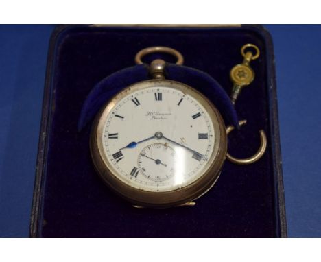 A boxed Benson silver open faced pocket watch, having signed white enamel dial decorated Roman numerals with subsidiary secon