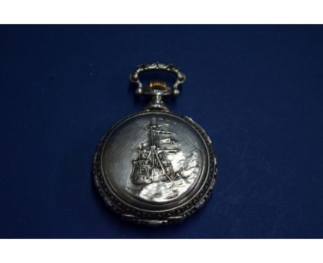 A continental .800 cased hunter pocket watch, having 3.6cm white enamel dial decorated Roman numerals and subsidiary seconds 