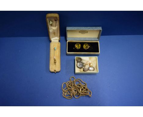 Three various stick pins; together with a pair of silver cufflinks; and a small quantity of similar jewellery.