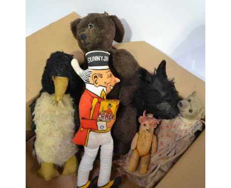 Six various vintage soft toys including a Scotty dog and a Sunny Jim Forge Wheatflakes  advertising figure