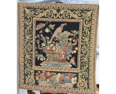 Modern 18th Century style machine tapestry depicting a bird and butterflies on a basket of  fruit ordered by fruit, foliate s