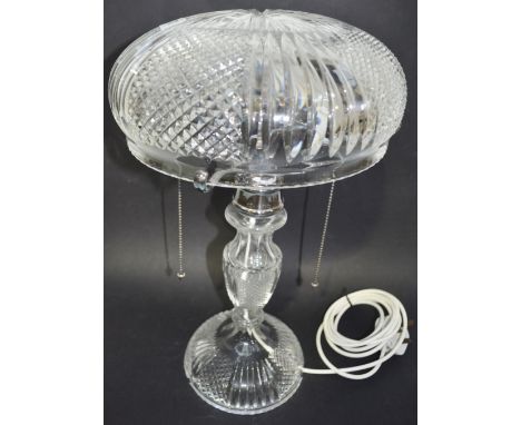 Good Edwardian cut glass and silver plated table lamp, the domed shade upon silver plate  sinuous supports with two bulbs ove