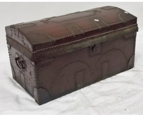 Studded leather dome top trunk iron bound with stained pine interior, iron carrying side  handles width 27"