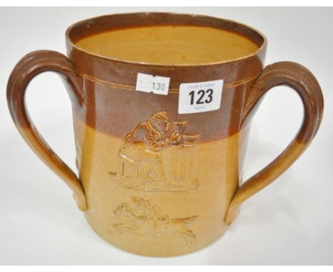 Large 19th Century stoneware salt glaze tyg, with three strap handles and applied with  hunting scenes, figures and buildings