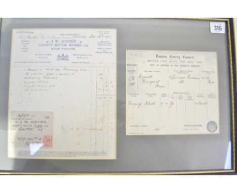 Interesting early 20th Century automobile invoice and register from J W Austins County Motor Works Ltd, for a model 'D' Ford 
