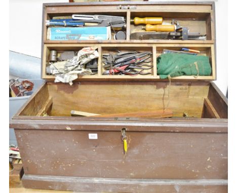 Well filled stained pine tool box with a large quantity of vintage wood working tools  including masking and cutting gauges
