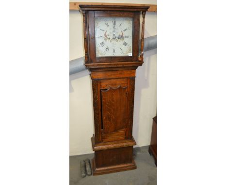 Oak cased 8 day long case clock, the 13" cream painted dial signed Marston Salop, the square hood over a shortened trunk with