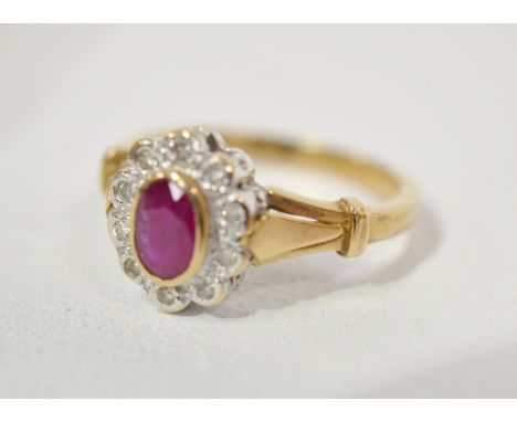 9 ct diamond and ruby cluster ring, 3 grams approx.