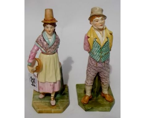 Pair of Victorian Royal Worcester figures modelled by James Hadley, one of an Irish man in top hat, the other a Welsh lady, b