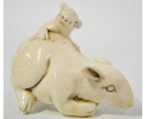 Japanese Ivory Netsuke carved as a mouse, its pup on her back, signed, height 1.25"