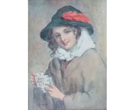Girl with playing cards, 19th Century watercolour, indistinctly signed E A CREGEEN (?) 12" x 8.5"