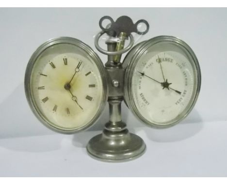 Nickel cased compendium desk timepiece aneroid barometer, the 8 day timepiece with  platform escapement