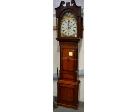 Oak cased 8 day long case clock the 14" dial painted with a girl, dog and buildings, signed  John Chambley, Wolverhampton, th