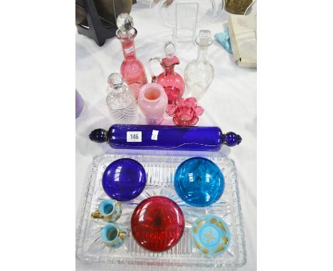 Various Victorian and later glass including a cobalt blue glass rolling pin, two cranberry glass  bottles and stoppers etc.