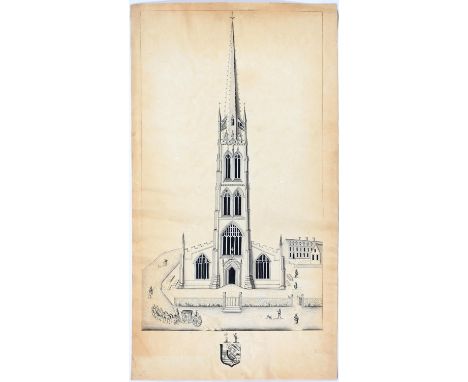 Circle of Samuel Buck - The West Prospect of Louth Church in the County of Lincoln, pen, ink and wash, en grisaille, 46.5 x 2